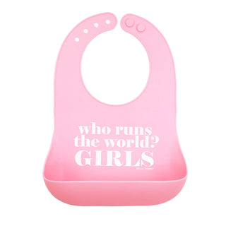 Bella Tunno Who Runs the World Wonder Bib featuring colorful design and adjustable straps for baby protection during meals.