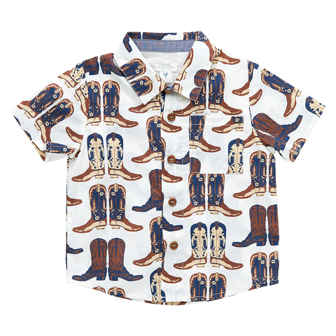 Blue Rooster Boys Jack Shirt - Cowboy Boots, Pink Chicken, Blue Rooster, Cowboy Boots, Pink Chicken, Pink Chicken Boys Jack Shirt, Pink Chicken SS23,  - Basically Bows & Bowties