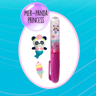 Bright Stripes Swirly World Liquid Wand Pen featuring a Mer-Panda Princess design with colorful, swirling patterns on the pen body.