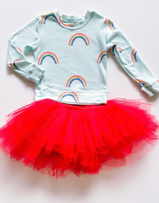 Brokedown Clothing kid's rainbow mint sweatshirt with colorful striped design, soft fabric, and ribbed cuffs for a comfortable fit.