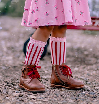 Little Stocking Co Lace Top Knee High Socks - Candy Stripe, Little Stocking Co, All Things Holiday, Candy Cane Stripe, Christmas, Christmas Socks, Holiday, Little Stocking Co, Little Stocking