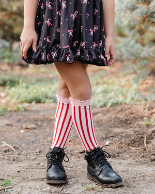 Little Stocking Co Lace Top Knee High Socks - Candy Stripe, Little Stocking Co, All Things Holiday, Candy Cane Stripe, Christmas, Christmas Socks, Holiday, Little Stocking Co, Little Stocking