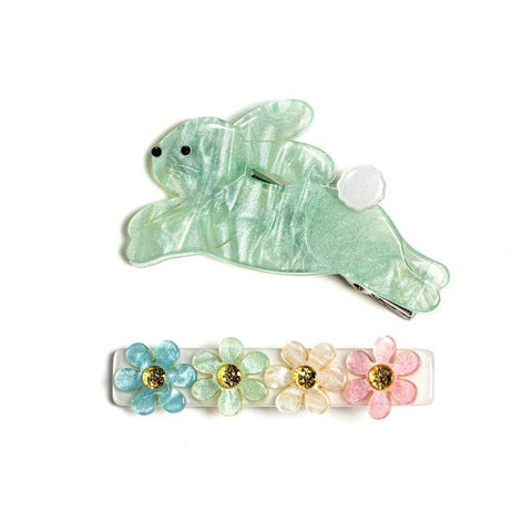 Lilies & Roses Hop Bunny Alligator Clip Set - Mint Satin, Lilies & Roses, cf-type-hair-claws-&-clips, cf-vendor-lilies-&-roses, Clip Set, Clippie, Clippie Set, Easter, Easter Basket Ideas, Ea