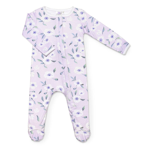 Lavender Bow White Poppy Floral Ruffle Footie, Lavender Bow, cf-size-3-months, cf-size-6-months, cf-size-newborn, cf-type-footie, cf-vendor-lavender-bow, Footie, Footie with Zipper, Lavender 