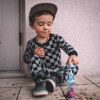 Dream Big Little Co Charcoal Checkers L/S Dream Set, Dream Big Little Co, Charcoal Checkers, Checkers, DBLC, Dream Big Little Co, Dream Big Little Co L/S Pajama Set, Pajamas - Basically Bows 