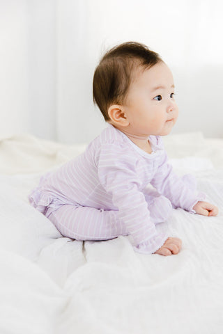 Lavender Bow Lilac Stripe Ruffle Footie, Lavender Bow, cf-size-3-months, cf-size-6-months, cf-size-newborn, cf-type-footie, cf-vendor-lavender-bow, Footie, Footie with Zipper, Lavender Bow, L