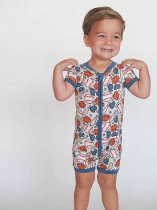 Toast + Jams Batter Up Shorty Zipper Romper, Toast + Jams, Bamboo, Bamboo Pajama, Bamboo Pajamas, Bamboo Zipper Romper, Baseball, Baseball Baby, Batter Up, cf-size-2t, cf-type-pajama, cf-vend