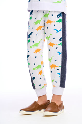 Chaser Dino jogger pants in checkered pattern with dinosaur print, white and gray colors, casual comfortable men's pants.