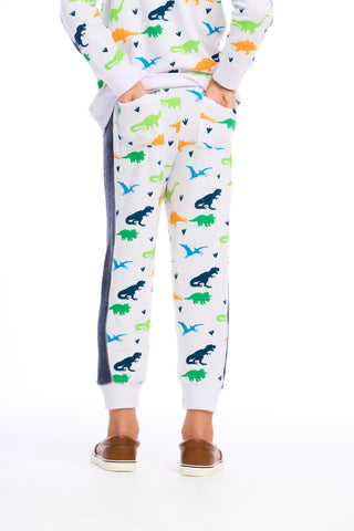 White Chaser Dino Jogger pants with playful dinosaur print, comfortable casual fit, perfect for kids' everyday wear.