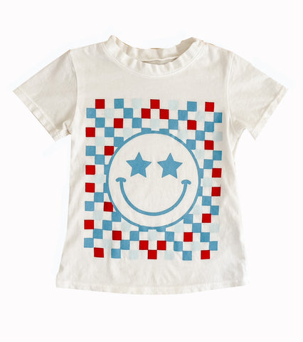 Brokedown Clothing Kid's Checkered Happy Face Tee in Off White, Brokedown Clothing, 4th of July, 4th of July Shirt, Brokedown Clothing, Brokedown Clothing Kid's Checkered Happy Face Tee in Of