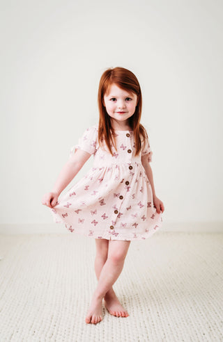City Mouse Square Neck Muslin Button S/S Dress - Butterflies, City Mouse, City Mouse, city mouse baby clothes, City Mouse Butterflies, City Mouse Butterflies Square Neck Muslin Button S/S Dre