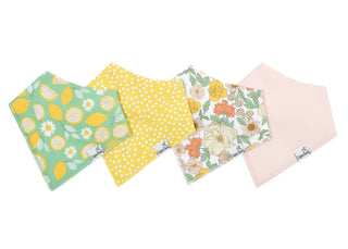 Copper Pearl Lemon Bandana Bib Set featuring soft, stylish bibs with a lemon pattern for babies, made by Copper Pearl.