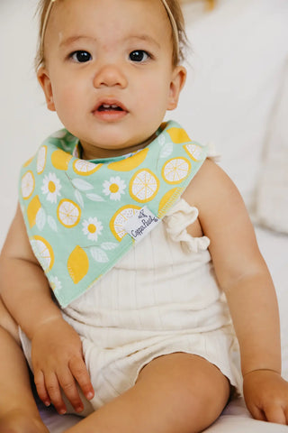 Copper Pearl Lemon Bandana Bib Set featuring bright yellow and white cotton bibs with stylish bandana design for babies.
