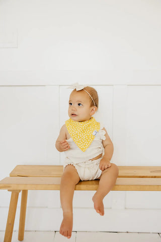 Copper Pearl Lemon Bandana Bib Set featuring soft, adjustable bibs with lemon print for babies and toddlers.