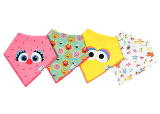 Copper Pearl Sesame Street Abby and Pals bib set featuring colorful bandanas for babies, with adorable Abby and friends design.