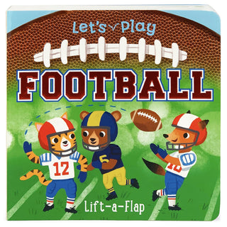 Let's Play Football lift-a-flap board book by Cottage Door Press featuring colorful football-themed illustrations for children.