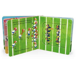 Let's Play Football lift-a-flap board book by Cottage Door Press, featuring colorful football-themed pages for young children.