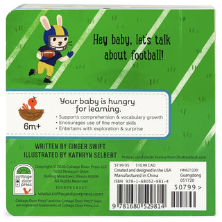 Let's Play Football lift-a-flap board book by Cottage Door Press, featuring colorful football-themed illustrations for children.