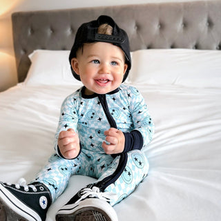 Dream Big Little Co Blue Smile StarZzz Dream Romper, Dream Big Little Co, Blue Smile StarZzz, DBLC, Dream Big Little Co, Dream Big Little Co Romper, Pajamas - Basically Bows & Bowties
