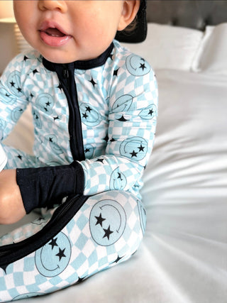 Dream Big Little Co Blue Smile StarZzz Dream Romper, Dream Big Little Co, Blue Smile StarZzz, DBLC, Dream Big Little Co, Dream Big Little Co Romper, Pajamas - Basically Bows & Bowties
