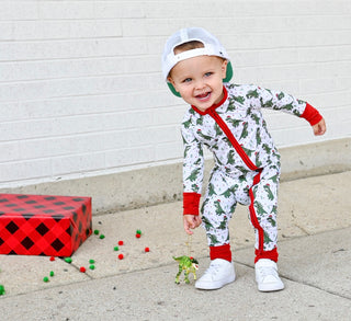 Dream Big Little Co Christmas Dinos Dream Romper, Dream Big Little Co, All Things Holiday, Christmas, Christmas Dinos, Christmas Pajama, Christmas Pajamas, DBLC, Dinosaur, Dinosaurs, Dream Bi