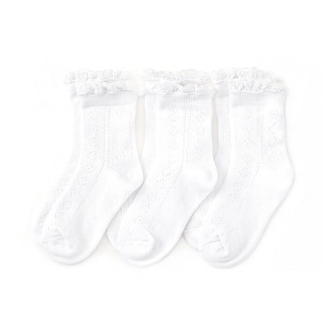 Little Stocking Co Lace Fancy Midi Sock Set (3 Pair) - White, Little Stocking Co, cf-size-0-6-months, cf-type-ruffle-socks, cf-vendor-little-stocking-co, Lace Ruffle Socks, Lace Socks, Little