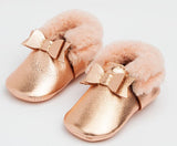 Freshly Picked Rose Gold with Pink Shearling Bow Soft Sole Mocc, Freshly Picked, Freshly Picked Bow, Freshly Picked Bow Flat, Freshly Picked Moc, Freshly Picked Moccasins, Freshly Picked Pick