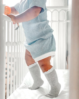 Little Stocking Co Lace Top Knee High Socks - Gray + White, Little Stocking Co, Little Stocking Co, Little Stocking Co Fall 2020, Little Stocking Co Gray + White, Little Stocking Co Gray + Wh