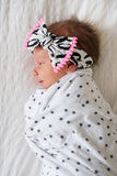 Baby Bling White  & Black XOXO w/Neon Pink Pom Trimmed Printed Knot Headband, Baby Bling, Baby Bling, Baby Bling Bows, Baby Bling Headband, Baby Bling Headbands, Baby Bling Pom Trim Knot Head