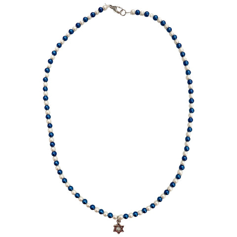Star of David Blue & White Pearl Beaded Necklace, S & G Custom Creations, cf-type-necklace, cf-vendor-s-&-g-custom-creations, Girls Hanukkah, Hanukkah Necklace, Happy Hanukkah, Jewelry, Neckl