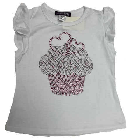 Sparkle by Stoopher Cupcake w/Hearts White Ruffle Sleeve Tee, Sparkle by Stoopher, Bling Tee, Bling Top, Girls Top, Girls Tops, Sparkle by Stoopher, Sparkle by Stoopher Cupcake w/Hearts, Spar