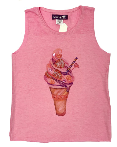 Sparkle by Stoopher Ice Cream Cone Bright Pink Raw Edge Tank, Sparkle by Stoopher, Big Girls Clothing, Bling Tank Top, Els PW 5060, Girls Clothing, love tank, love tank top, Rainbow Love, Spa