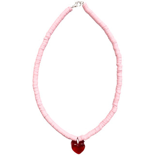 Pink Beaded Necklace - Red Heart, S & G Custom Creations, Heart Necklace, Jewelry, Necklace, Pink Beaded Necklace - Red Heart, S & G Custom Creations, Valentine's Day, Valentines, Necklace - 