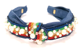 Bari Lynn Denim Rainbow Twist Knot Headband with Pearls, Bari Lynn, Bari Lynn, Bari Lynn Denim Rainbow, Bari Lynn Denim Rainbow Twist Knot Headband with Pearls, Bari Lynn Denim Twist Knot Hea