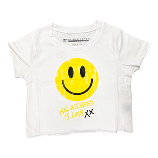 Prince Peter Tween All We Need is Love Crop Tee, Prince Peter Collection, Crop Tee, Distressed, Distressed Crop Tee, Happy Face, Love, Prince Peter, Prince Peter Collection, Prince Peter Love