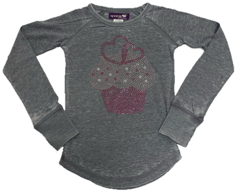 Sparkle by Stoopher Cupcake w/Hearts Grey L/S Thumbhole Tee, Sparkle by Stoopher, Bling Tee, Bling Top, cf-size-10, cf-type-shirt, cf-vendor-sparkle-by-stoopher, Girls Top, Girls Tops, Sparkl