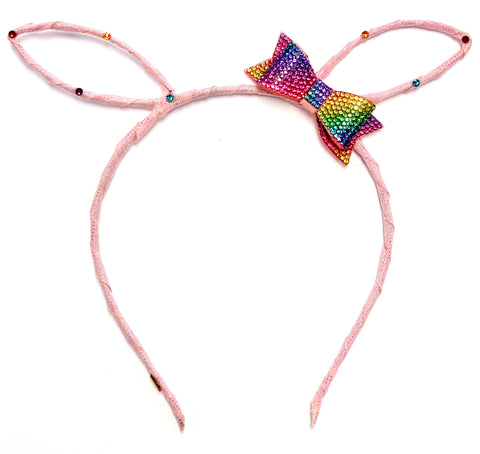 Bari Lynn Bunny Ears Headband - Pink w/Rainbow Bow & Swarovski Crystals, Bari Lynn, Bari Lynn, Bari Lynn Bunny Ears, Bari Lynn Bunny Ears Headband, Bari Lynn Bunny Ears Headband - Pink w/Rain