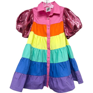 Queen of Sparkles Kids Sequin Sleeve Rainbow Tiered Dress, Queen of Sparkles, cf-size-l-12, cf-size-m-10, cf-size-xs-6, cf-type-dress, cf-vendor-queen-of-sparkles, Queen of Sparkles, Queen of