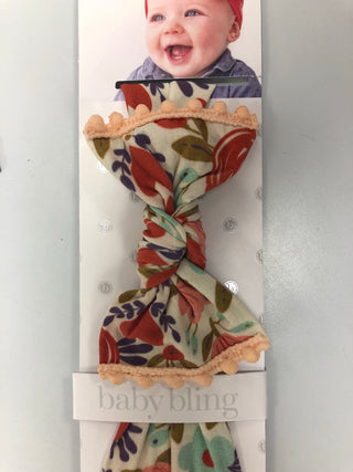 Baby Bling Peach Floral w/Peach Pom Trimmed Printed Knot Headband, Baby Bling, Baby Bling, Baby Bling Bows, Baby Bling Floral Headband, Baby Bling Headband, Baby Bling Headbands, Baby Bling K
