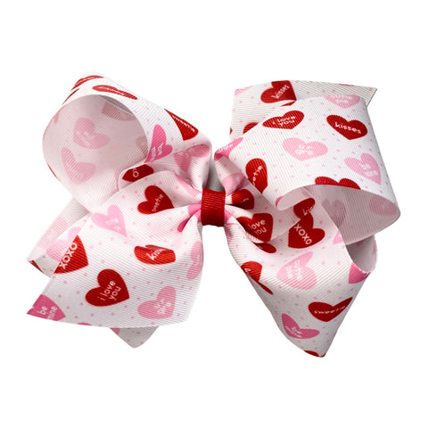 King Red & Pink Candy Hearts Hair Bow on Clippie, Wee Ones, Alligator Clip, Alligator Clip Hair Bow, Clippie, Clippie Hair Bow, Hair Bow, Hair Bow on Clippie, Hair Bows, King Red & Pink Candy
