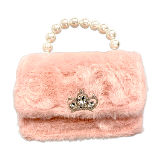 Dear Ellie Faux Fur w/Crown & Pearl Handle - Pink, Dear Ellie, Dear Ellie, Dear Ellie Faux Fur Purse w/Crown, Dear Ellie Handbag, Dear Ellie Pink, Dear Ellie Purse, Faux Fur, Handbag for Litt