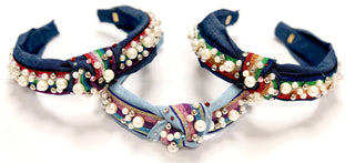 Bari Lynn Denim Rainbow Twist Knot Headband with Pearls, Bari Lynn, Bari Lynn, Bari Lynn Denim Rainbow, Bari Lynn Denim Rainbow Twist Knot Headband with Pearls, Bari Lynn Denim Twist Knot Hea