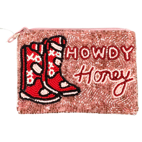 Beaded Howdy Honey Zipper Pouch, Basically Bows & Bowties, Beaded Coin Purse, Cowgirl, EB Girls, Howdy, Stocking Stuffer, Stocking Stuffers, Zipper Pouch, Coin Purse - Basically Bows & Bowtie