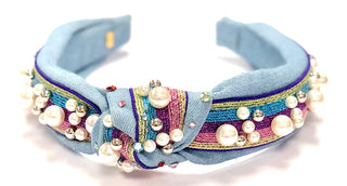 Bari Lynn Denim Rainbow Twist Knot Headband with Pearls, Bari Lynn, Bari Lynn, Bari Lynn Denim Rainbow, Bari Lynn Denim Rainbow Twist Knot Headband with Pearls, Bari Lynn Denim Twist Knot Hea