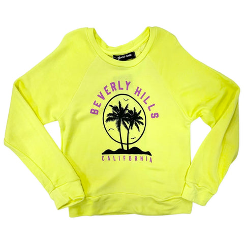 FBZ Global Love Bevery Hills Neon Yellow Sweatshirt, Flowers By Zoe, cf-size-4, cf-type-shirts-&-tops, cf-vendor-flowers-by-zoe, FBZ, Flowers By Zoe, Flowers by Zoe Smiley, Global Love, Sweat