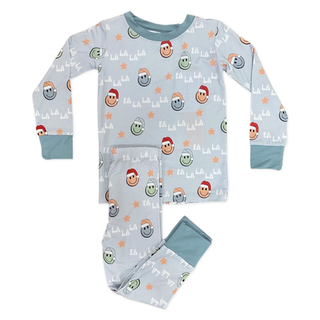 In My Jammers festive smiley face long-sleeve 2-piece pajama set for kids, featuring colorful smiley face design and comfortable fabric.