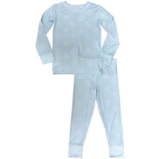 Ocean blue long-sleeve pajama set by In My Jammers with smiley face print, includes top and matching pants.