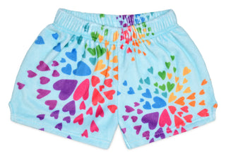Iscream Bursting Hearts plush shorts featuring a colorful heart pattern, soft fabric, and comfortable fit.