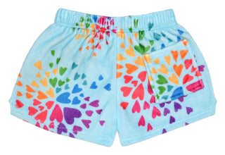 Iscream bursting hearts plush shorts featuring colorful heart patterns and soft fabric, back view.