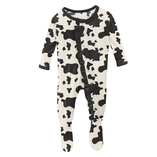 KicKee Pants County Fair Classic Ruffle Footie with Snaps for babies, featuring cow print and ruffle details in a soft fabric.